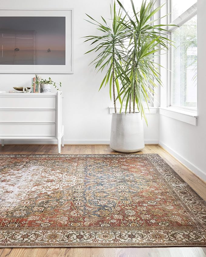 Loloi Layla Collection LAY-05 Ocean/Multi 2'-6" x 9'-6" .13" Thick Runner Rug, Soft, Durable, Vintage Inspired, Distressed, Low Pile, Non-Shedding, Easy Clean, Printed, Living Room Rug
