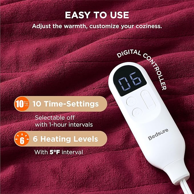 Bedsure Electric Blanket Full Size - Soft Flannel Heated Blanket, Fast Heating with 10 Time Settings & 6 Heat Settings, Warm Gift for Grandma (72x84 inches, Burgundy)