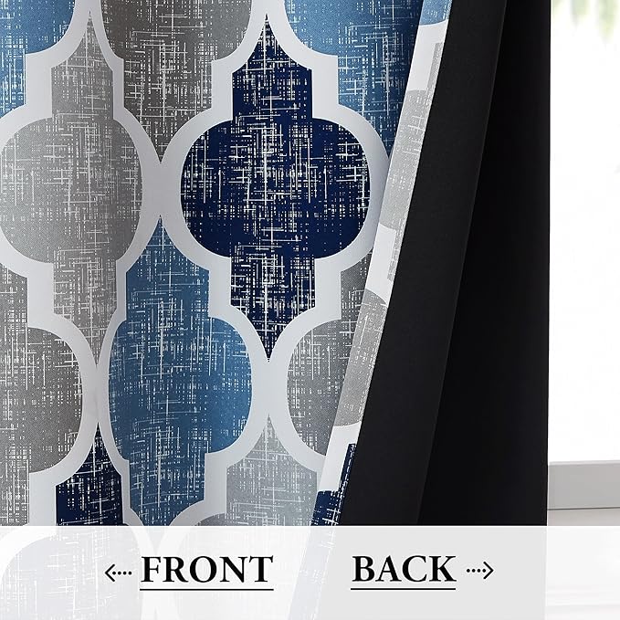 Beauoop 100% Blackout Curtains 63 Inches Long 2 Panels for Bedroom Living Room Blue Grey Moroccan Geo Room Darkening Thermal Insulated Soundproof Rod Pocket Back Tab Window Treatments Drapes, 50x63