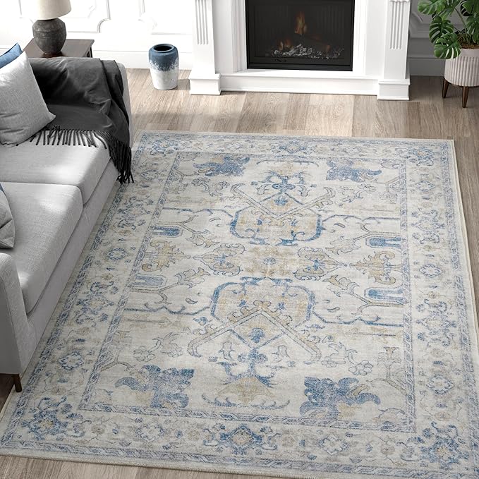 jinchan 4x6 Machine Washable Area Rugs Ultra-Thin Soft Throw Rug Low Pile Non-Slip Stain Resistant Distressed Vintage Floral Carpet for Bedroom, Living Room, Dining Room, Kitchen, Nursery(4x6ft, Blue)
