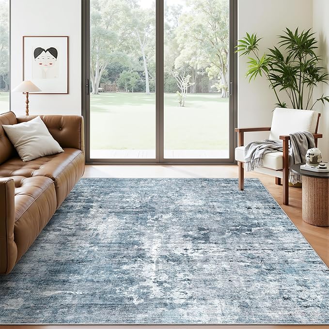 Area Rugs 4x6 for Living Room, Vintage Abstract Washable Rugs for Dining Room, Kitchen, Non-Slip Area Rug Blue