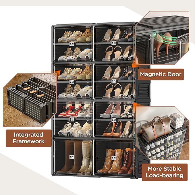 Black Shoe Rack Organizer Cabinet for Closet Entryway,Clear Shoe Storage Boxes Stackable Sneaker Storage with Door Easy Assembly Shoe Cabinet with Lids Large 7 Tiers 28 Pairs