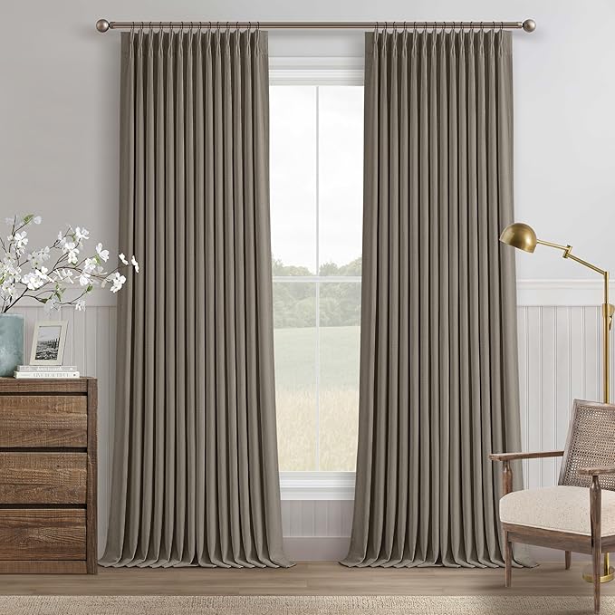 Taupe Grey Linen Blackout Pleated 105 Inch Curtains for Living Room Darkening Pinch Pleat 100% Black Out Drapes Thermal Insulated Soundproof Brownish Gray 105 Inch Curtain for Dining Bedroom