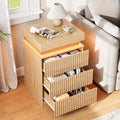 Nightstand with Charging Station & LED Lights, Small Modern Fluted Bedside & End Table with 3 Drawers, Sliding Top & Hidden Storage, Wooden Farmhouse Night Stand for Bedroom Office Sofa, Natural Oak
