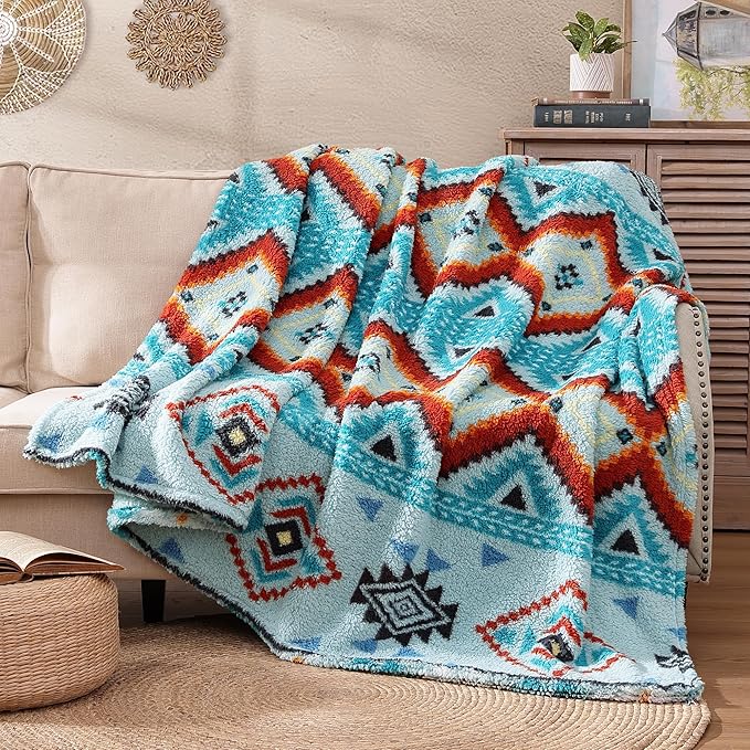 CASAAGUSTO Boho Sherpa Throw Blanket, Aztec Queen Blanket, Ultra Soft, Warm, Cozy, Plush, Thick Fleece Bohemian Throw Blanket for Couch, Bed, Sofa (Aqua 90 * 90 Inch)