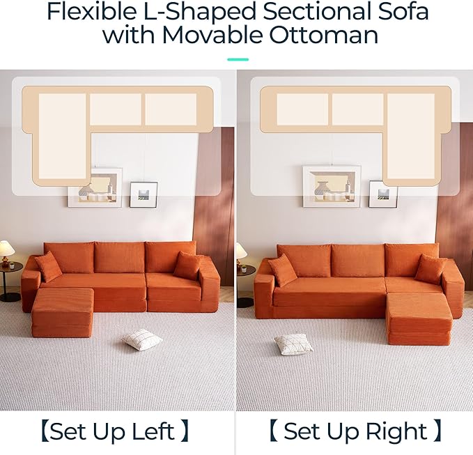 LINSY HOME Convertible Sofa Bed with 2 Pillows & Ottoman, Boneless Couch Folding Modular Sectional Sleeper Sofa, L Shaped Sofas Corduroy Couch Bed Compression Sofa for Living Room Apartment, Orange