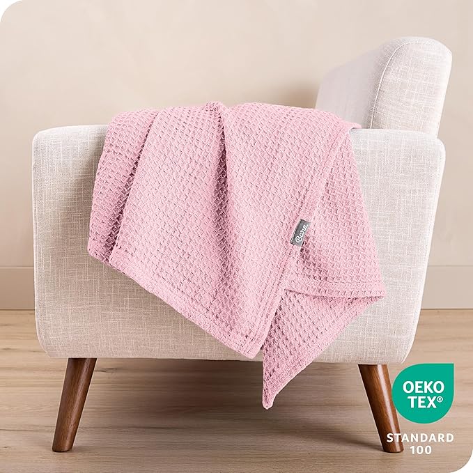 Bare Home Light Pink Waffle Blanket, 108Wx90L, 100% Cotton, Soft & Breathable for All Seasons, Lightweight Blanket, Perfect for Layering Bed, Sofa & Couch (King/Cal King, Light Pink)