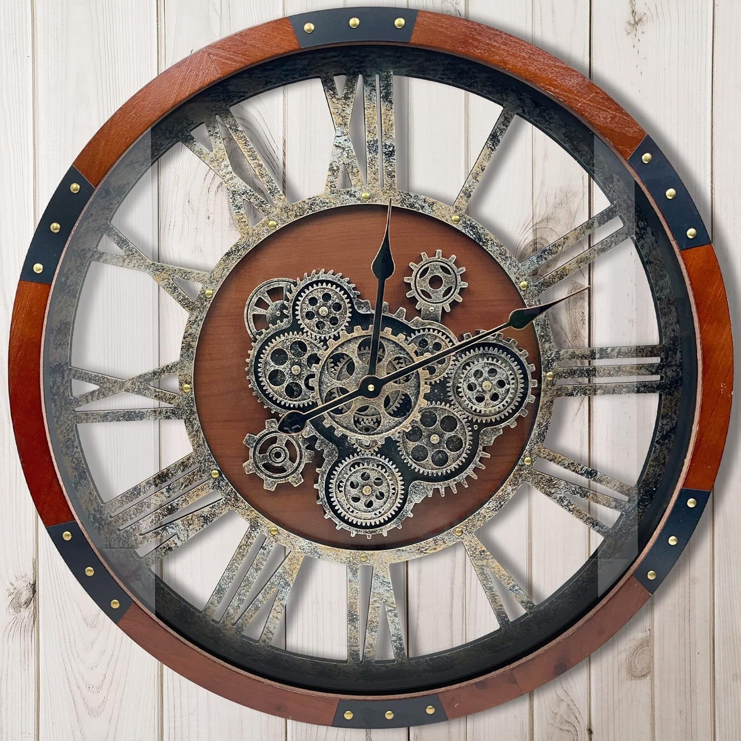 DORBOKER 30" Original Moving Gears Wall Clock, Large Industrial Wall Clock for Living Room Decor, Retro Wood Vintage Farmhouse Steampunk Rustic Clocks for Wall Decor,Black Walnut