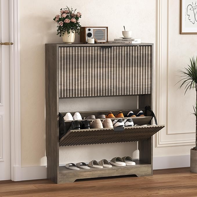 Shoe Cabinet Storage for Entryway with 2 Flip Drawers, Grey Fluted Shoe Cabinet with Open Storage, Wooden Hidden Shoe Rack Freestanding Narrow Slim Shoes Organizer for Hallway, Entrance
