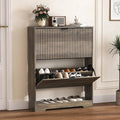 Shoe Cabinet Storage for Entryway with 2 Flip Drawers, Grey Fluted Shoe Cabinet with Open Storage, Wooden Hidden Shoe Rack Freestanding Narrow Slim Shoes Organizer for Hallway, Entrance