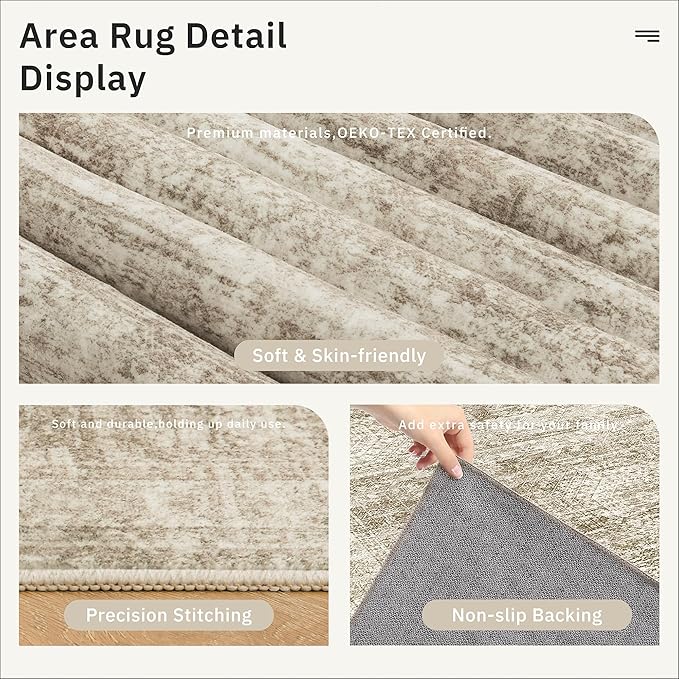 7x9 Area Rug for Living Room Washable Abstract Vintage Soft Thin Indoor Floor Non-Slip Carpet for Bedroom Dining Room Brown