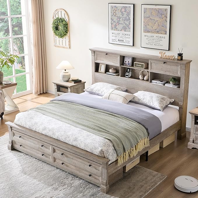 T4TREAM Farmhouse King Size Bed Frame with 54" Tall Storage Bookcase Headboard, Wood Platform Bed Frame with 18" Roman Column Decoration Footboard & 2 Drawers, No Box Spring Needed(Light Rustic Oak)