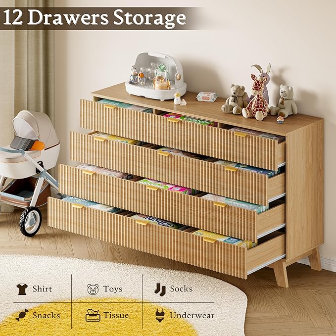 57" Wide Dresser for Bedroom, 12-Drawer Fluted Dresser with Metal Handles, Wood Chest of Drawers with Smooth Slides and Stable Base, Modern Storage Cabinet for Living Room, Nursery