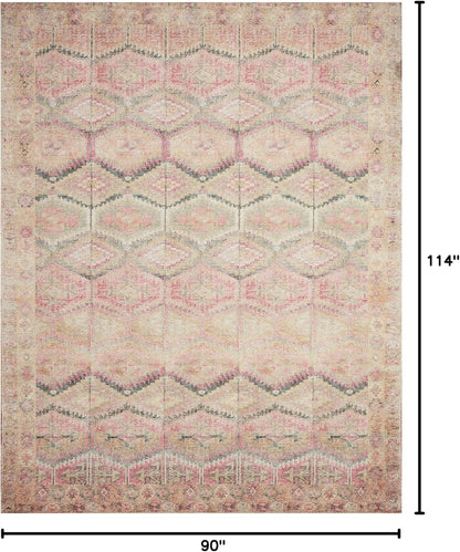 Loloi Layla Collection LAY-17 Pink/Lagoon 7'-6" x 9'-6" .13" Thick Area Rug, Soft, Durable, Vintage Inspired, Distressed, Low Pile, Non-Shedding, Easy Clean, Printed, Living Room Rug