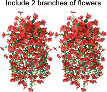 INSPRING Artificial Faux Outdoor Outside Flowers Plants, 2 PCS Fake Silk UV Resistant Look Real Red Daisy Trailing Vines for Front Door Porch Planter Urn Patio Balcony Decoration