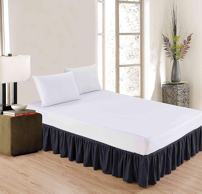 Sheets & Beyond Wrap Around Solid Microfiber Luxury Hotel Quality Fabric Bedroom Gathered Ruffled Bedding Bed Skirt 14 Inch Drop (Full, Black)