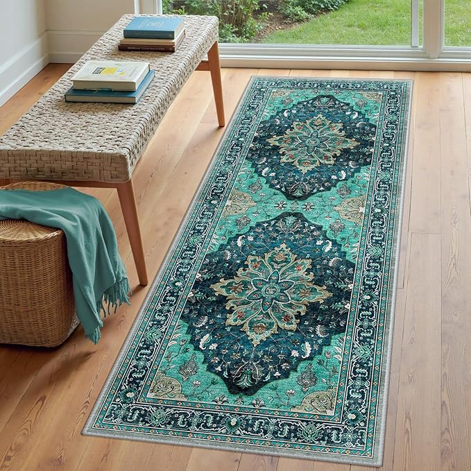 Area Rugs 3'x7' Washable Non-Slip, Floral Vintage Distress Print Pattern Medallion Carpet for Living Room Bedroom Dining Room, Teal Green Lake Blue Turquoise