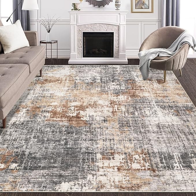 Area Rug Living Room Rugs - 5x8 Washable Large Soft Indoor Neutral Modern Abstract Low Pile Rug Carpet for Bedroom Dining Room Farmhouse Home Office - Grey Brown