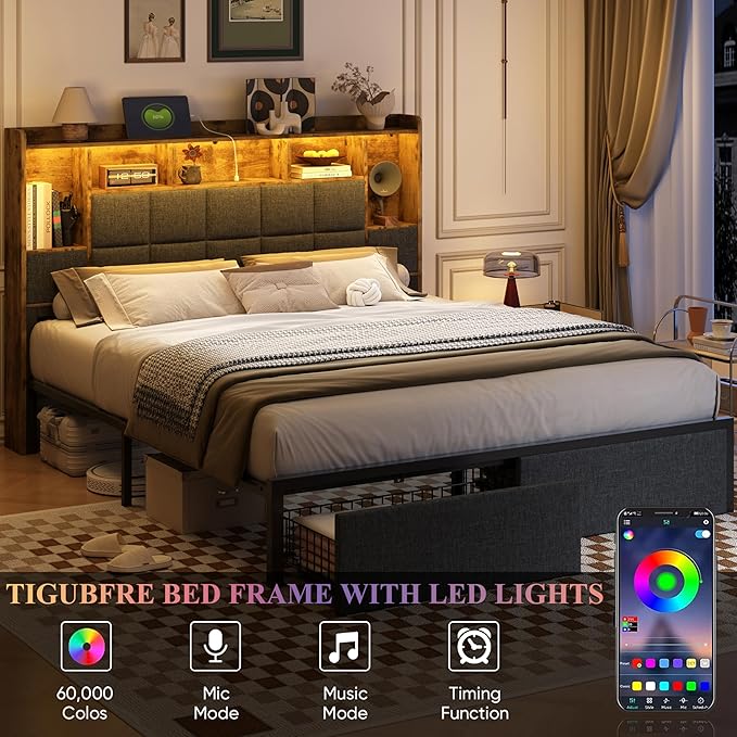 King Size Bed Frame with Bookcase Storage Drawers, LED Lights, Upholstered Platform Bed Frame with Headboard, Charging Station, Metal Slats Support, Noise Free, No Box Spring Needed, Grey