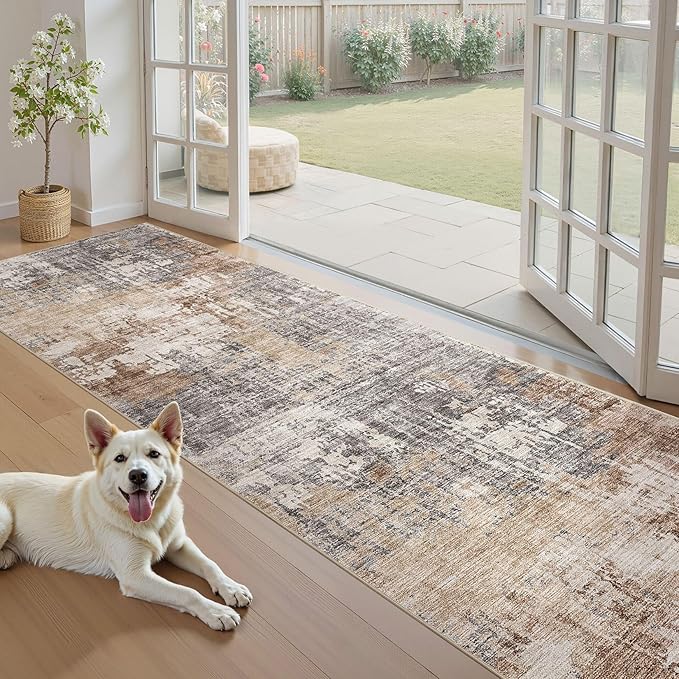 3x10 Washable Runner Rug for Hallway: Soft Neutral Modern Abstract Low Pile Rug Indoor - Carpet for Bedroom Dining Room Kitchen Entryway - Grey Brown
