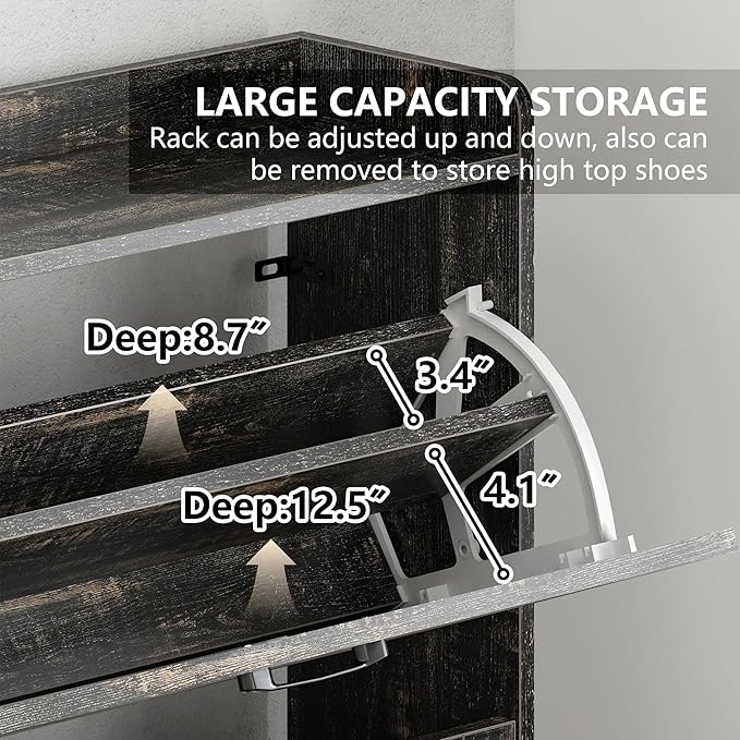 Vibe & Dine Farmhouse Shoe Storage Cabinet - Freestanding Narrow Shoe Rack with Metal Legs, Dark Rustic Oak