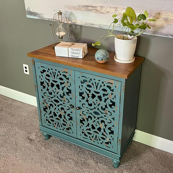 PHI VILLA Blue Accent Cabinets, Small Buffet Sideboad Cabinet, Hollow Carved 2 Door Credenza, Farmhouse Storage Cabinet for Living Room