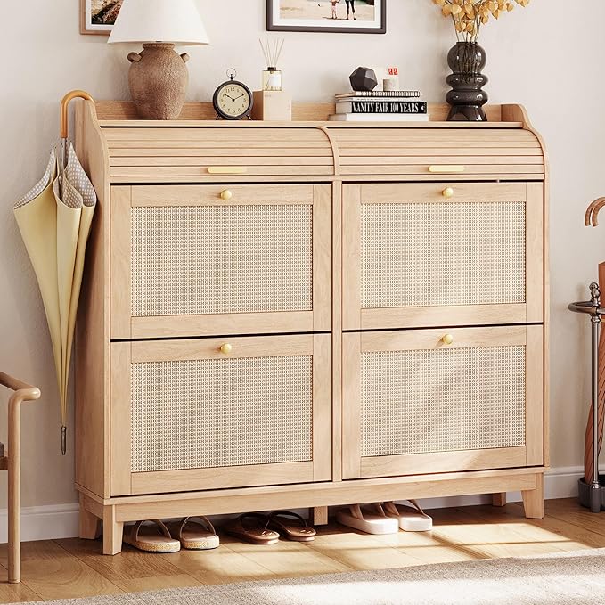 LINSY Shoe Storage Cabinet, Rattan Shoe Cabinet Wood Shoes Rack Cabinets with Sliding Tambour Door, Large Flip Drawer Shoe Cabinet Boho Hidden Shoe Storage for Entryway, Front Door, Hallway, Oak