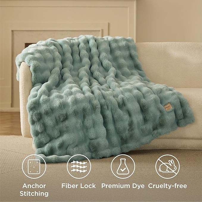 Bedsure GentleSoft Fluffy Faux Fur Throw Blanket, Fuzzy Soft Bubble Blanket for Couch, Faux Fur Decor for Home Bedroom Living Room, Thick Furry Cozy Gifts for Women, Sage Green, 50x60 Inch