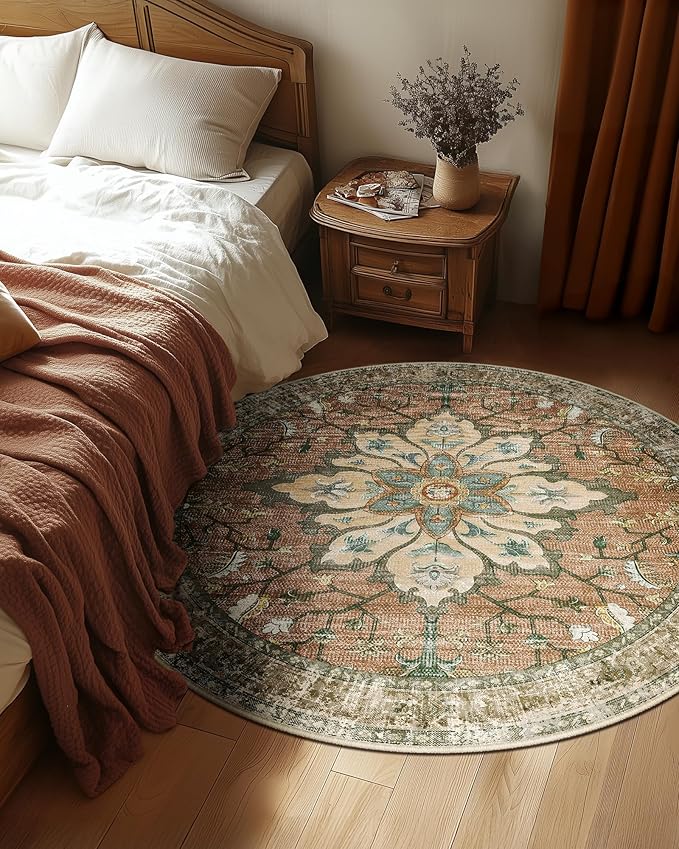 Area Rugs 4ft Washable Non-Slip, Floral Vintage Distress Print Pattern Medallion Carpet for Living Room Bedroom Dining Room, Brick Red Rust Neutral Brown Burnt Orange