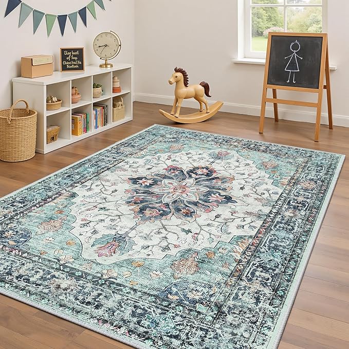 Area Rugs 4'x6' Washable Non-Slip, Floral Vintage Distress Print Pattern Medallion Carpet for Living Room Bedroom Dining Room, Green Navy Blue White Red Teal Colorful