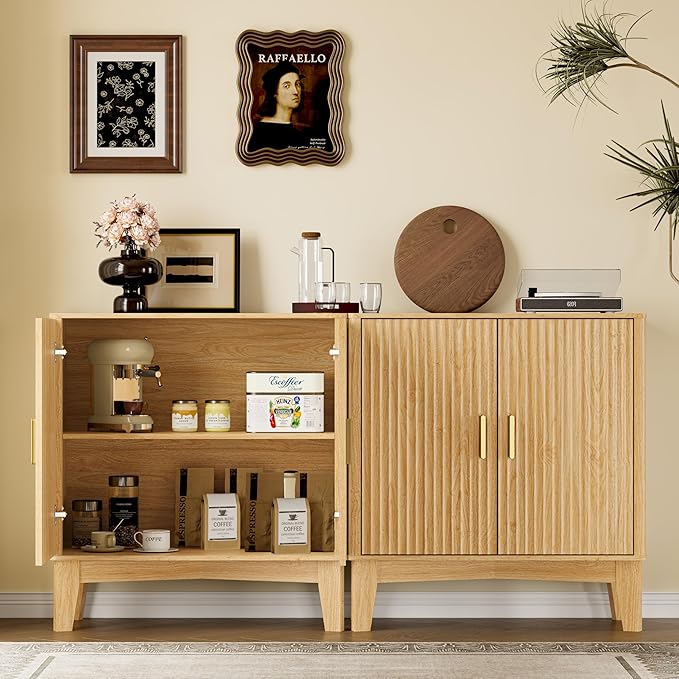 Storage Cabinet with Doors and Adjustable Shelf, Modern Fluted Sideboard Buffet Cabinet, Freestanding Coffee Bar for Kitchen, Pantry, Entryway, Living Room (Natural Oak)