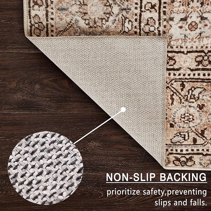 vivorug 5x7 Area Rugs - Ultra-Thin Washable Rug with Non-Slip Backing, Ideal for Living Room, Bedroom, Kitchen Floor Carpet - Vintage, Easy Clean, Durable, Sand/Antique