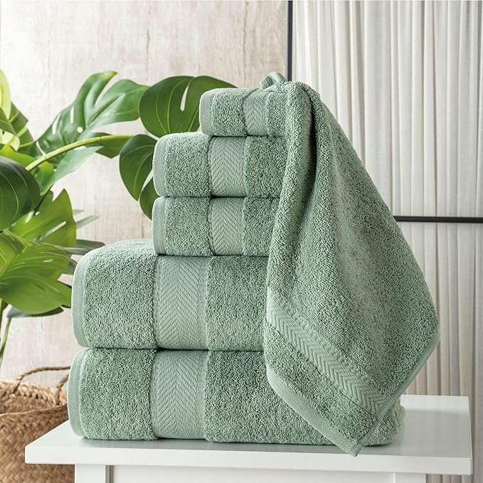 Personalized Towels - Customized Turkish Cotton Towel Set, Monogrammed Towels with Initials, Name & Embroidery, Idea (Green, 6 Piece Towel Set)