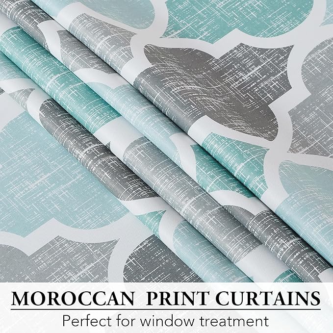 Beauoop 100% Blackout Curtains 84 Inches Long 2 Panels for Bedroom Living Room Aqua Grey Moroccan Geo Room Darkening Thermal Insulated Soundproof Rod Pocket Back Tab Window Treatments Drapes, 50x84