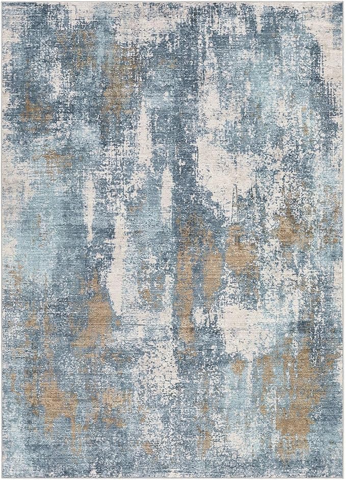 Area Rug Living Room Rugs - 9x12 Washable Large Soft Indoor Neutral Modern Abstract Low Pile Rug Carpet for Bedroom Dining Room Farmhouse Home Office - Blue Brown