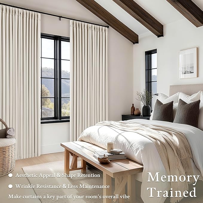 Pinch Pleat Extra Long 120 Inch Blackout Curtains for Living Room 2 Panels Set 100% Black Out Flax Burlap Natural Beige Cream White Pleated Drapes Room Darkening Luxury High Ceiling Windows Curtain