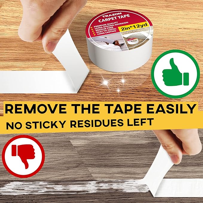 Carpet Tape Double Sided - Rug Tape Grippers for Hardwood Floors and Area Rugs - Carpet Binding Tape Strong Adhesive and Removable, Heavy Duty Stickers Grip Tape, Residue Free (2 Inch / 12 Yards)