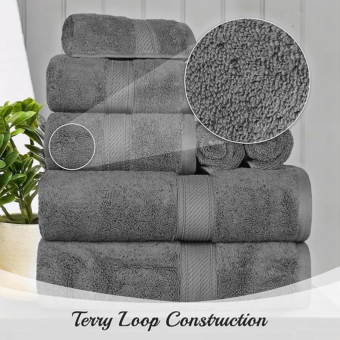 Superior Egyptian Cotton Pile 10 Piece Towel Set, Includes 2 Bath, 4 Hand, 4 Face Towels/Washcloths, Ultra Soft Luxury Towels, Thick Plush Essentials, Guest Bath, Spa, Hotel Bathroom, Charcoal