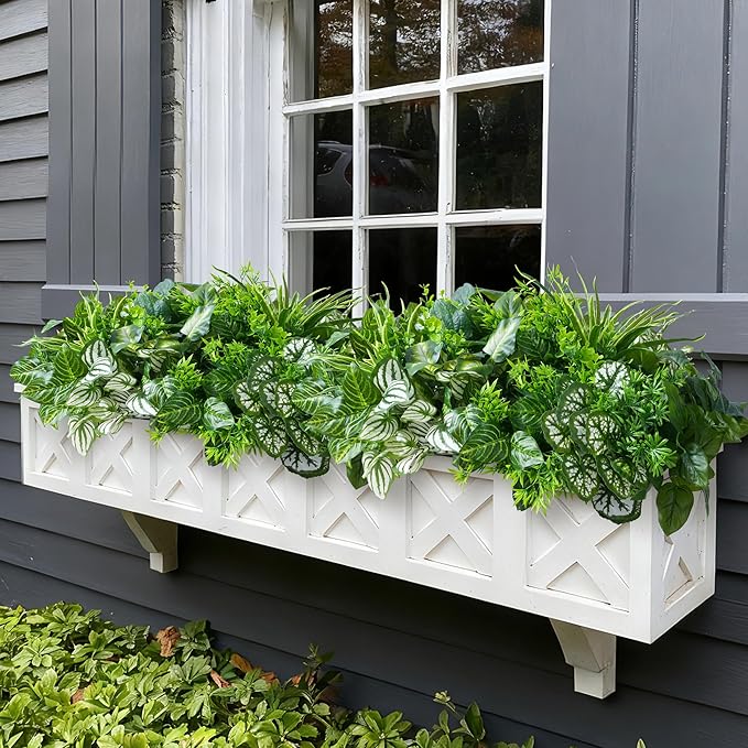 Artificial 20pcs Bunches Greenery Plants Fake Plastic Leaves with Stems UV Resistant Outside Faux Plants Bushes for Outdoor Patio Garden Front Porch Yard Decor