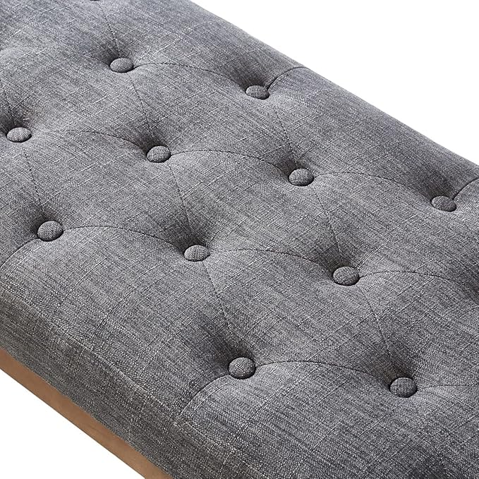 24KF Linen Upholstered Buttons Tufted Entryway Bench with Solid Wood Leg,Bed Bench Ottoman with Padded Seat,5034-Dark Gray