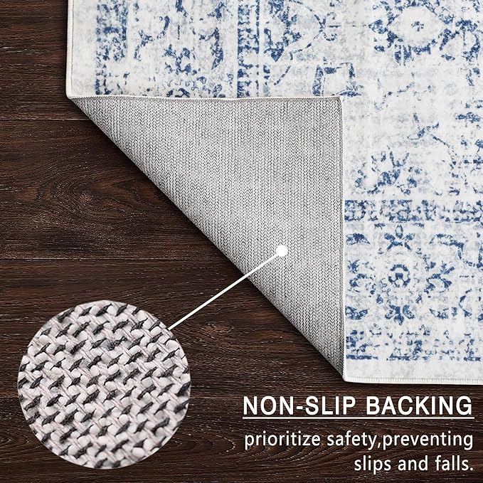 8x10 Area Rugs for Living Room, Non-Slip Backing Washable Rug 8x10, Blue Large Area Rug Soft Carpet for Bedroom Dining Room, Vintage Floral, Easy Clean, Durable, Low Pile Rug Under Table