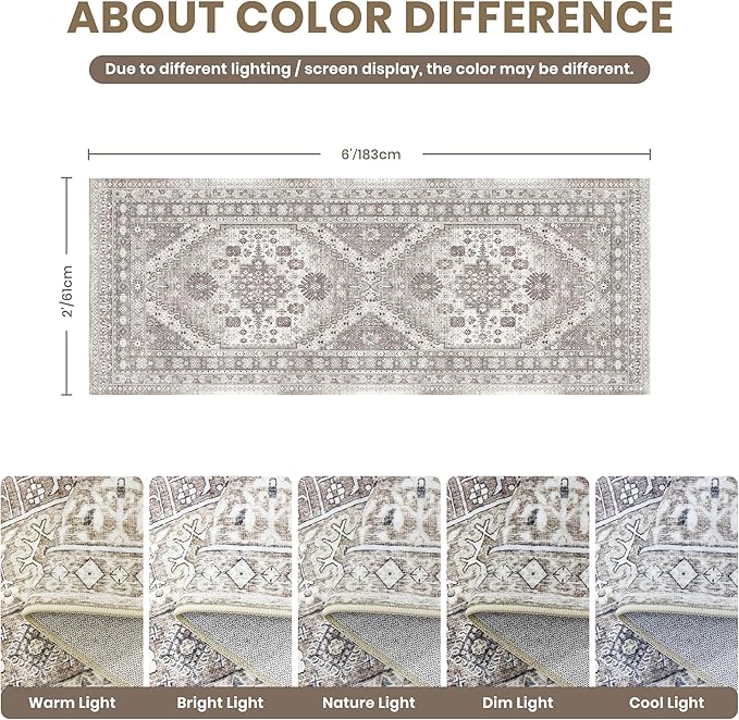 zesthome 2x6 Runner Rug for Hallways, Machine Washable Rug, Non Slip Vintage Low Pile Runners, Stain Resistant Runners for Entryway, Kitchen, Bathroom, Laundry Room, Corridor