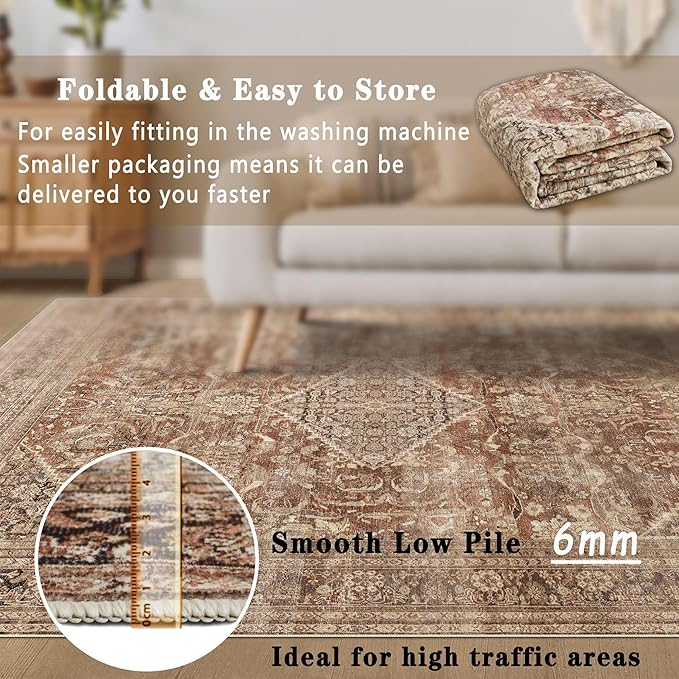 vivorug Runner Rug 2x10 Machine Washable Rug with Non-Slip Backing, Ideal for Kitchen Hallway Entryway Laundry Room - Vintage, Durable, Easy Clean, Low Pile Carpet Runner Earth Tone