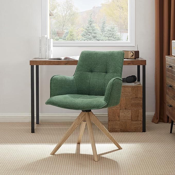 Art Leon Desk Chair Without Wheels - Mid Century Modern Swivel Office Chair, Fabric Upholstered Accent Chair with Oak Wood Legs for Small Space Living Room Bedroom, Set of 2, Green
