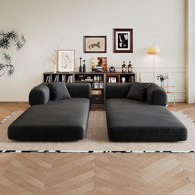 79" Convertible Sofa Bed, Corduroy Folding Pull Out Couch with Pillows, No Assembly Modern Boneless Couch Compression Sofa in Box, Floor Sofa with Support Rods for Living Room,Black