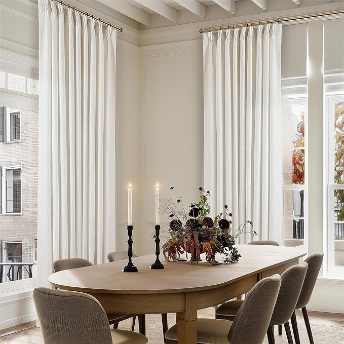 Extra Wide Pinch Pleat Curtains 84 Inches Long for Patio Sliding Glass Door Natural Cream Linen 60 Inch Wide Curtain Memory Trained Pleated Drapes Hooks Rings 60x84 Curtain for Large Window 1 Panel