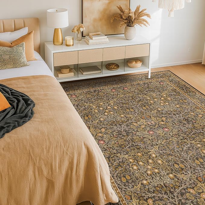 Gold Brown Floral Living Room Rug 5x7 - Vintage Forest Washable Area Rugs for Dining Room, Bedroom, Oriental Distressed Low Pile Non Slip Stain Resistance Indoor Earthy Carpet