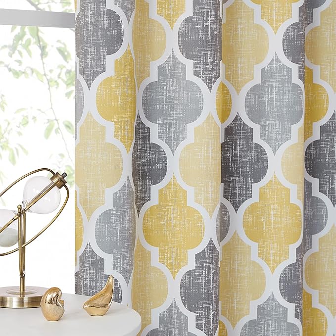Beauoop 100% Blackout Curtains 45 Inches Long 2 Panels for Bedroom Living Room Yellow Grey Moroccan Geo Room Darkening Thermal Insulated Soundproof Grommet Top Window Treatments Drapes, 50x45 Set of 2