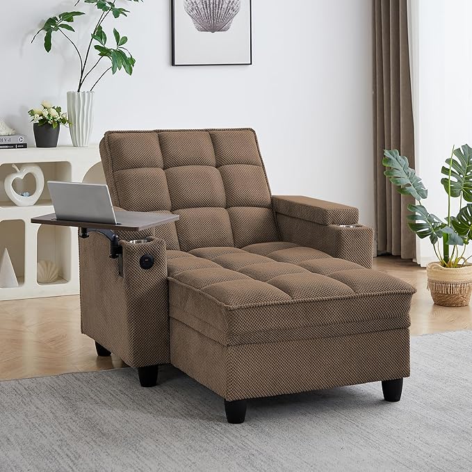 41.7" Chaise Lounge Chair Indoor, Oversized Boucle Upholstered Sofa Bed, Adjustable Backrest Deep Seat Reading Chair, Sofas Couches for Living Room with Storage, Cup Holders & 360° Swivel Side Table