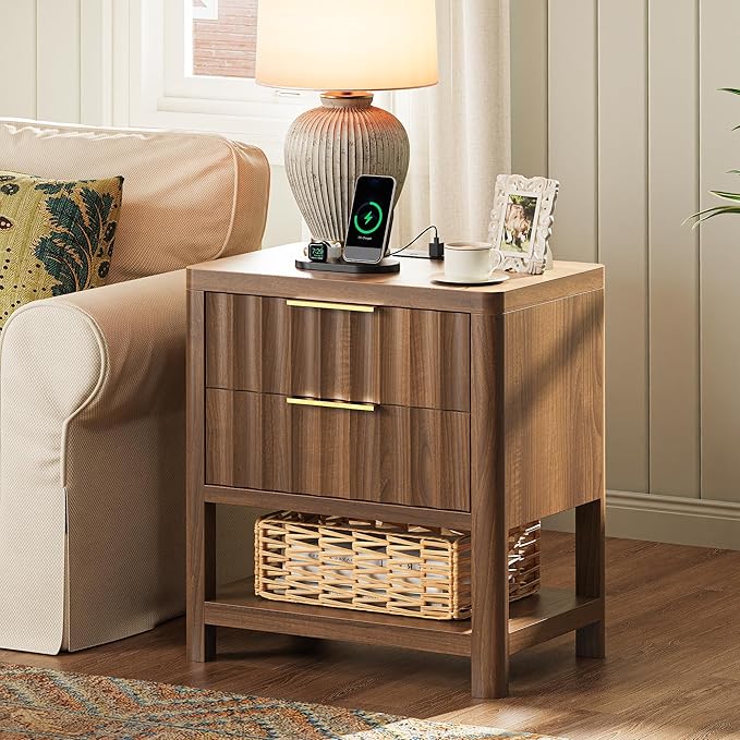 Huuger 27.6 Inch Tall Night Stand with Charger Station, USB-C Port, Fluted Nightstand with 2 Deep Drawers, Larger Wider Bed Side Table with Open Shelf, Bedroom Living Room End Table, Walnut